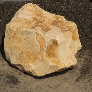 Large blonde boulder with rough texture sitting on a mix of dirt and dark mulch