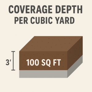Infographic showing that one cubic yard covers 100 square feet at a depth of 3 inches, with a labeled 3D soil block illustration.