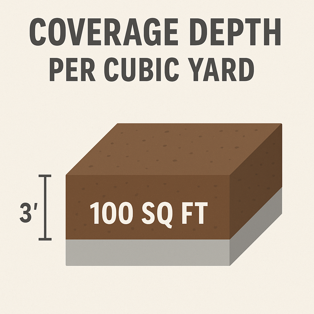 Infographic showing that one cubic yard covers 100 square feet at a depth of 3 inches, with a labeled 3D soil block illustration.