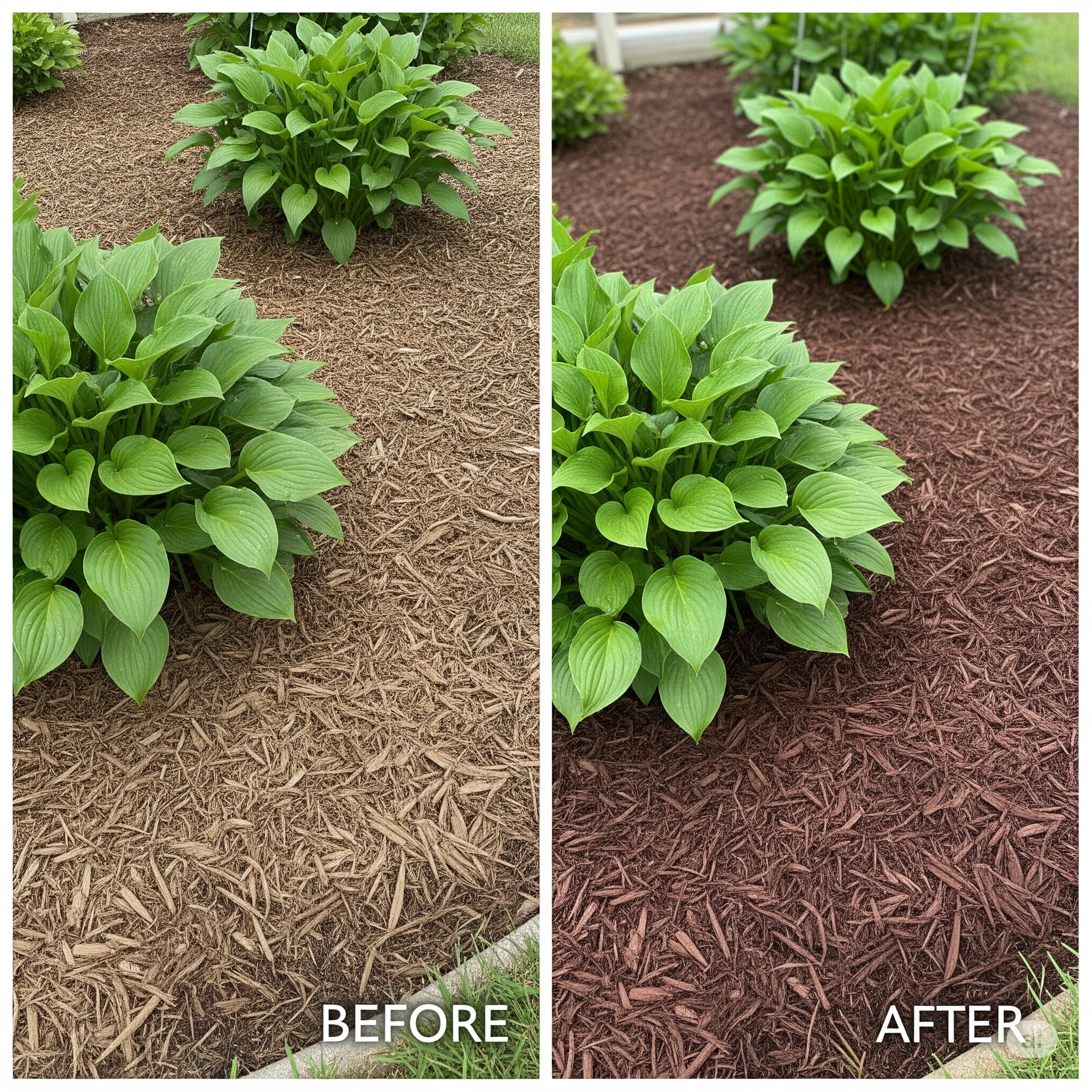 Before and after of old and new mulch
