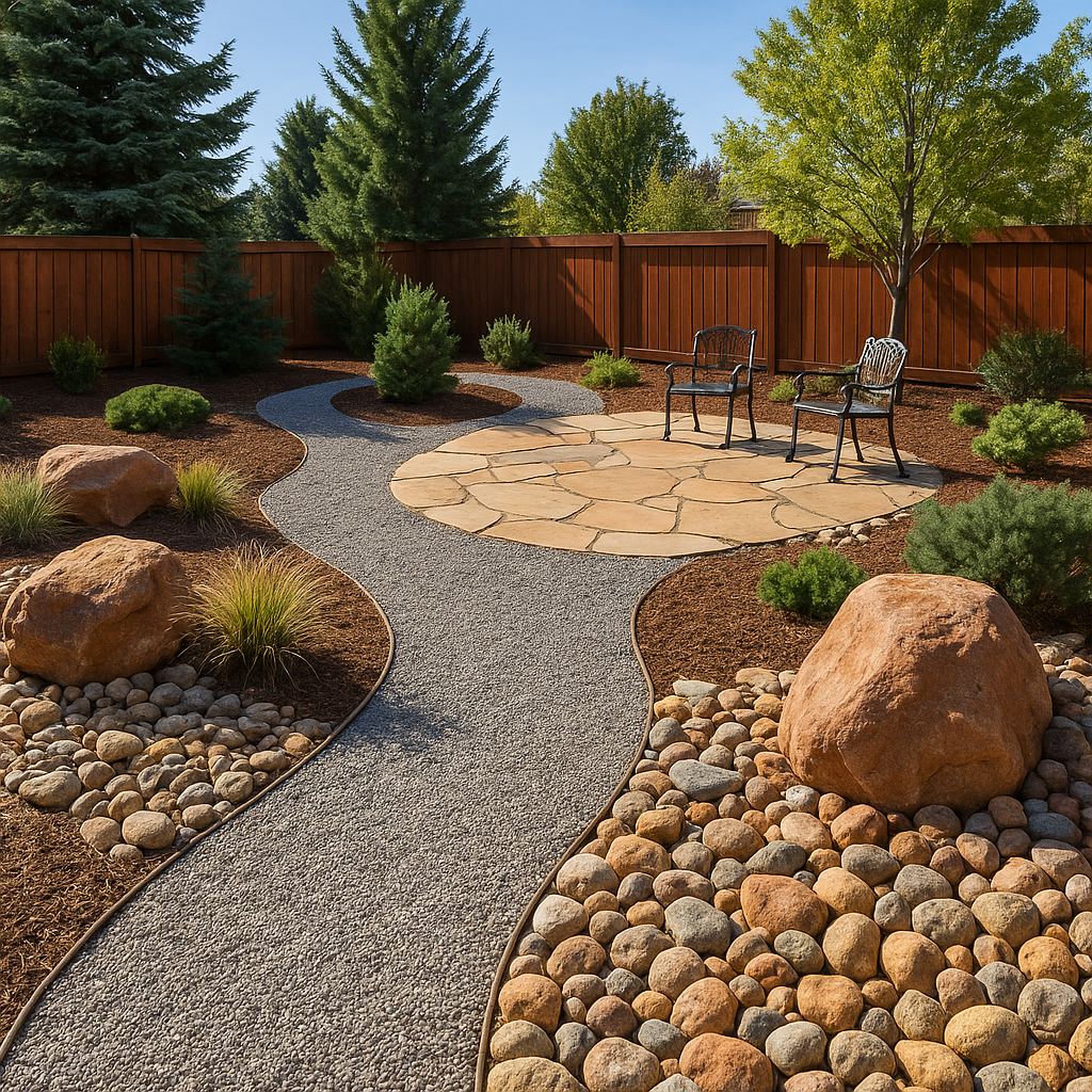Backyard landscape featuring gravel paths, a circular flagstone patio with chairs, and large decorative boulders surrounded by mulch and shrubs