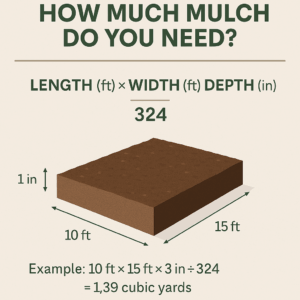 Infographic explaining mulch volume calculation using the formula Length × Width × Depth ÷ 324, with a visual example of a 10x15 ft area at 3 inches deep.