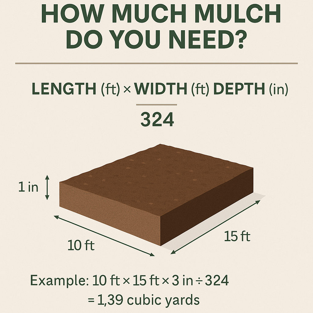 Infographic explaining mulch volume calculation using the formula Length × Width × Depth ÷ 324, with a visual example of a 10x15 ft area at 3 inches deep.