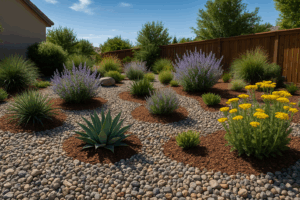 Xeriscape garden with decorative rock mulch and native drought-tolerant plants like yarrow, agave, and Russian sage, set against a wooden fence in a suburban backyard.