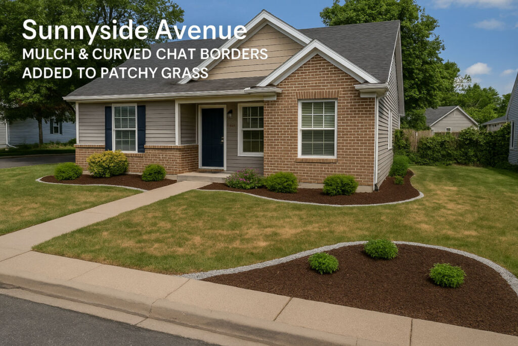 A small corner lot added mulch and curved chat borders to turn patchy grass into a professional-looking landscape.