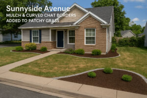 A small corner lot added mulch and curved chat borders to turn patchy grass into a professional-looking landscape.