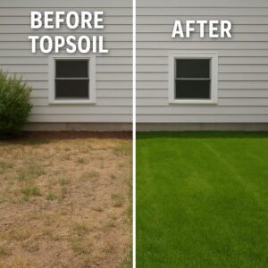 Side-by-side image showing a dry, patchy lawn before topsoil on the left and a lush, green lawn after topsoil on the right, labeled accordingly.