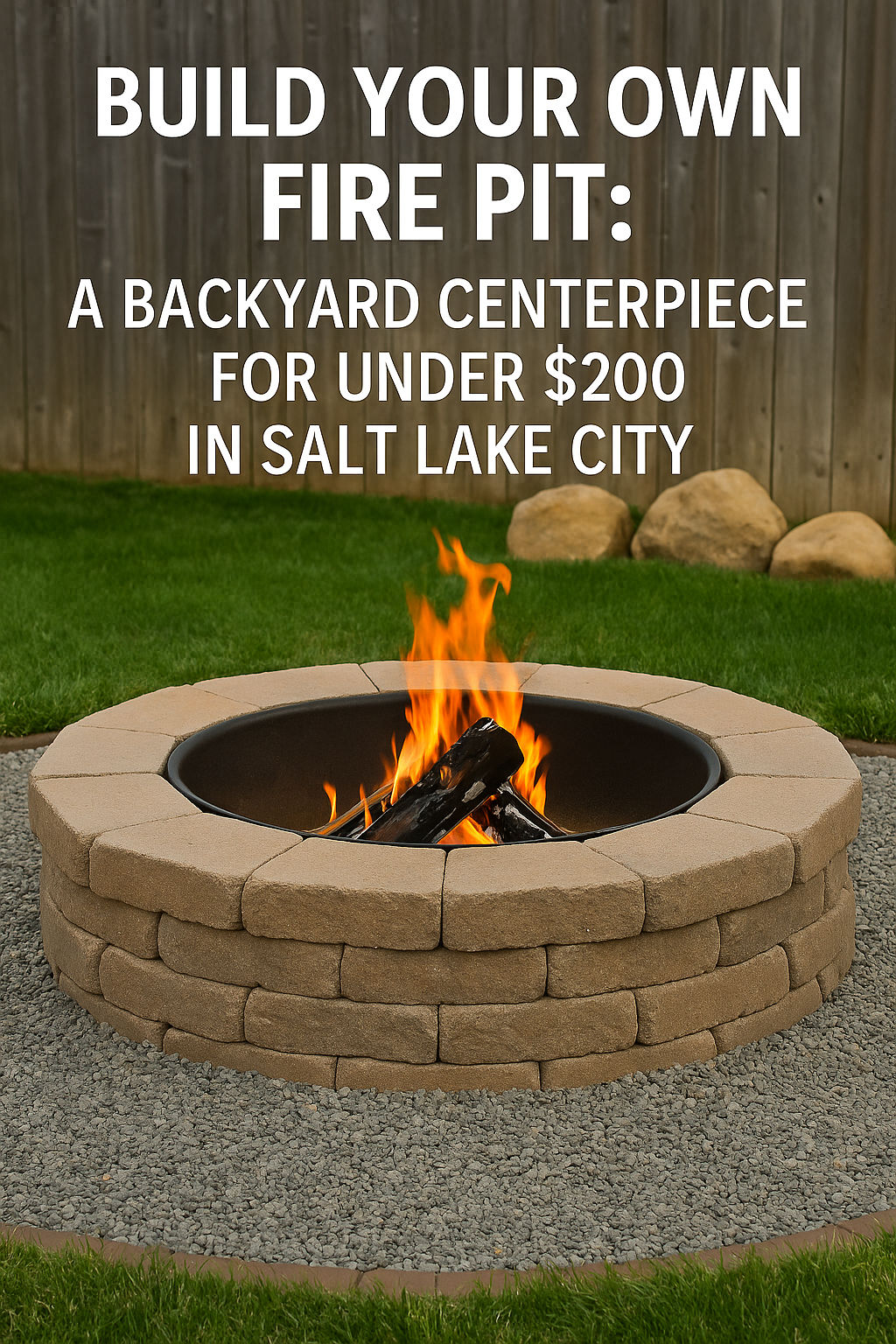 A stylish circular backyard fire pit built from retaining wall blocks with gravel surround, ideal for DIY landscaping projects under $200.