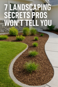 A clean, modern Salt Lake City yard with neatly edged gravel beds, mulched flower borders, and a curved walkway—showcasing pro-level results done DIY, with bold overlay text revealing landscaping secrets.