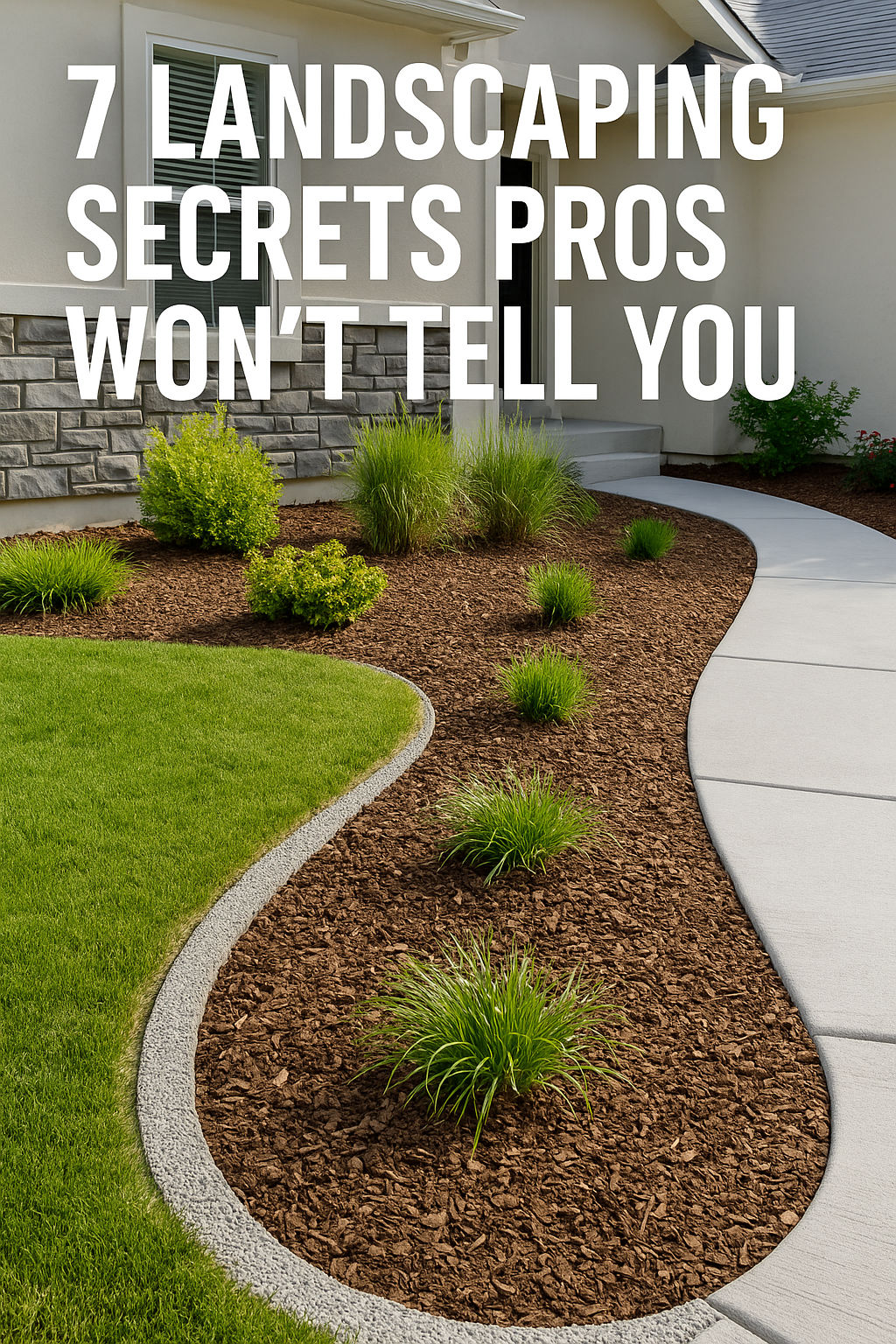 A clean, modern Salt Lake City yard with neatly edged gravel beds, mulched flower borders, and a curved walkway—showcasing pro-level results done DIY, with bold overlay text revealing landscaping secrets.