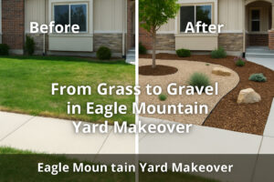 A before-and-after photo showing a grass yard converted to decorative gravel with drought-tolerant plants in Eagle Mountain, Utah.