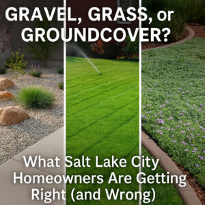 Side-by-side visuals of gravel, traditional lawn, and groundcover in Salt Lake City yards. Highlighting smart choices for dry climates and low maintenance design.