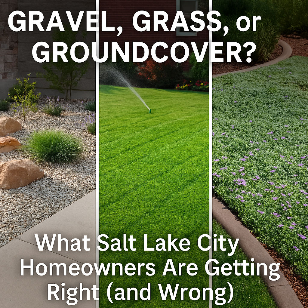 Side-by-side visuals of gravel, traditional lawn, and groundcover in Salt Lake City yards. Highlighting smart choices for dry climates and low maintenance design.