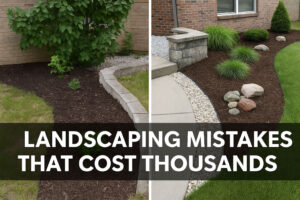A Salt Lake City yard with visible landscaping mistakes—overgrown shrubs, uneven gravel, failing retaining wall—contrasted with a professionally edged, mulched bed to highlight avoidable errors.