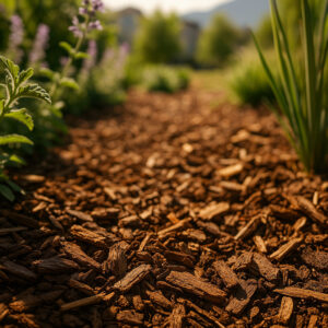 A landscaped garden bed in Salt Lake City with bark mulch protecting the soil around plants during a summer heatwave, highlighting drought-friendly practices.