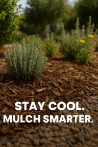 Drought-tolerant plants in a Salt Lake City garden surrounded by bark mulch, showing moisture retention and heat protection during extreme summer weather.