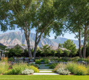 Salt Lake City backyard with diverse plants and trees used to reduce wildfire smoke impact.