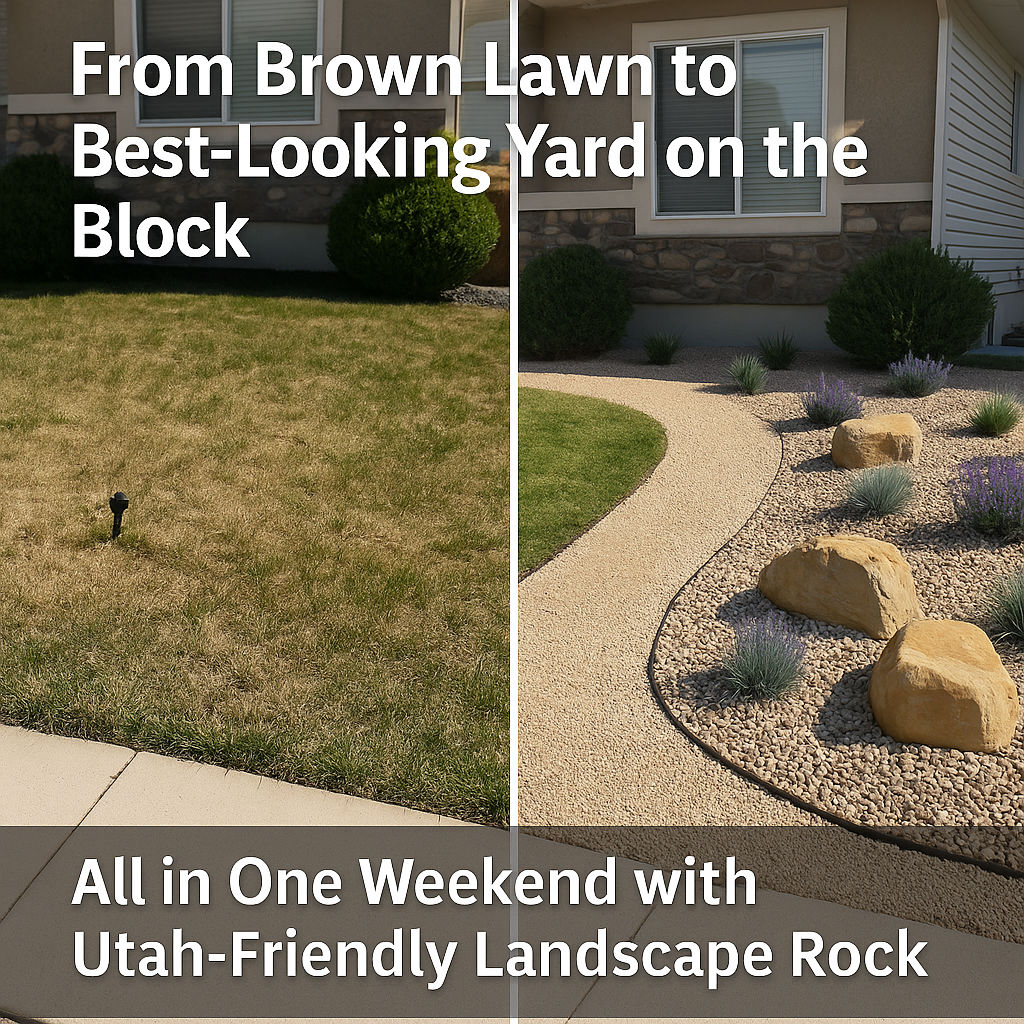 Before-and-after photo of a Salt Lake City yard transformed in one weekend using decorative gravel, chat fines, and boulders for drought-tolerant landscaping.